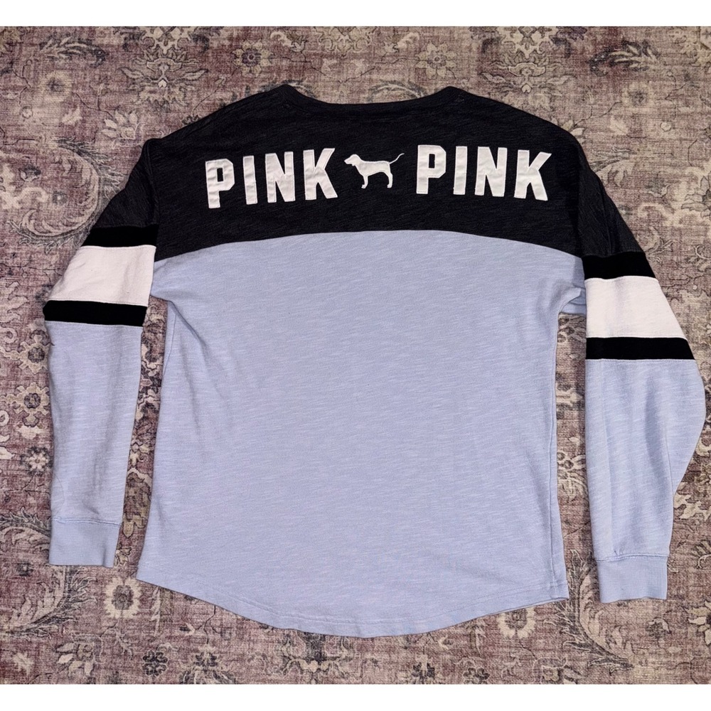 Victoria's Secret PINK Lace Up Henley Long Sleeve Blue Gray Colorblock Graphic M